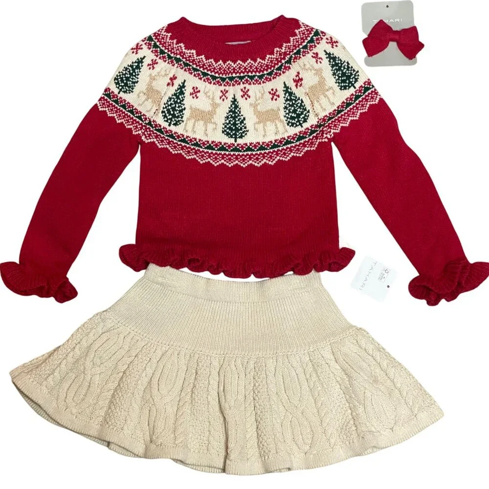 Tahari Girls Sweater & Skirt Set W/ Bow‎ & Tree Design Cable Knit Skirt S 2T NWT